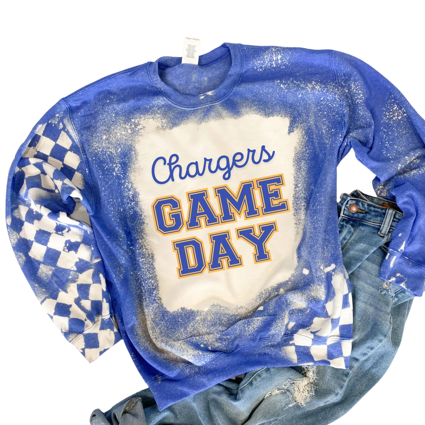 Blue sweatshirt with 'Chargers Game Day' text on a white background