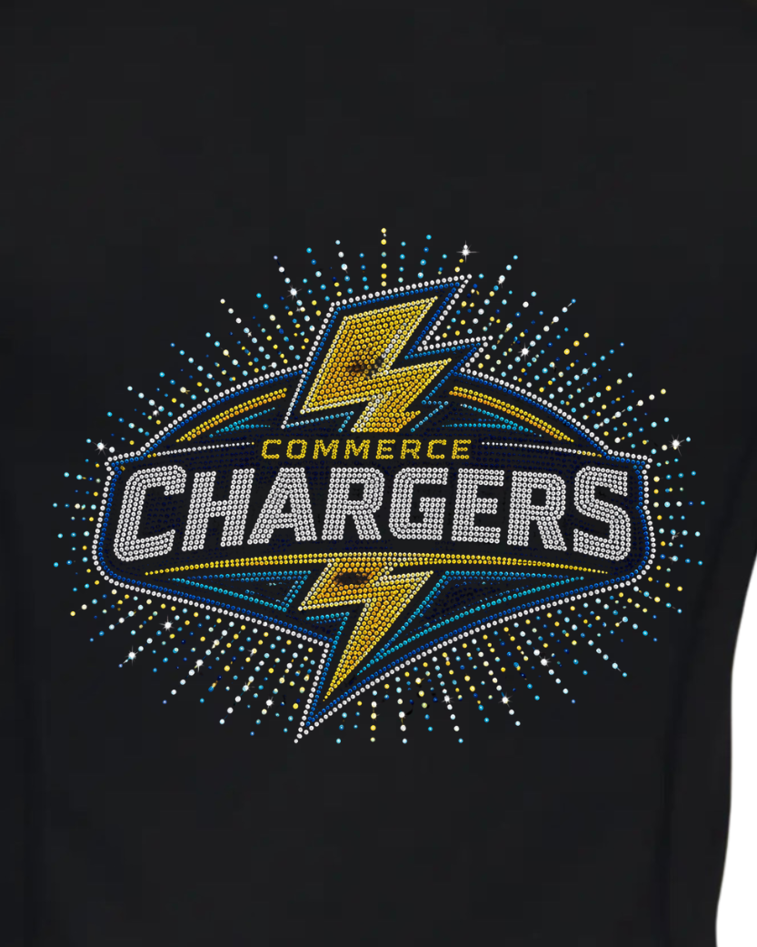 Black pullover with 'Commerce Chargers' logo on a white background