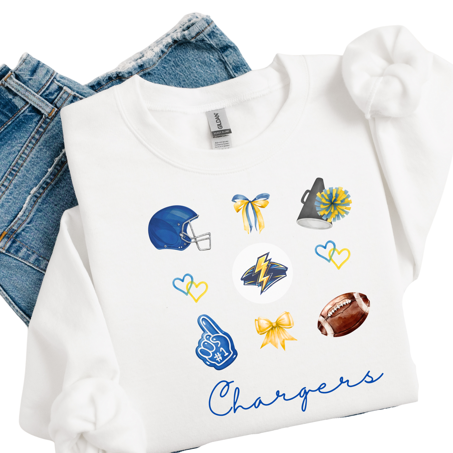 White sweatshirt with sports-themed graphics and 'Chargers' text, paired with blue jeans.