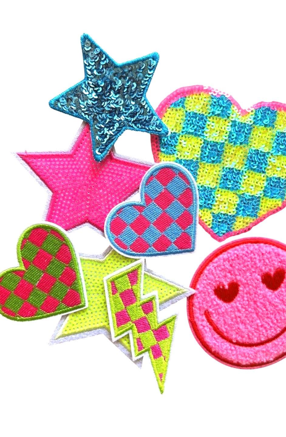 Neon Patches - Backpack Patches - Neon Filler Patches - Trucker Hat Patches - Hearts and Stars