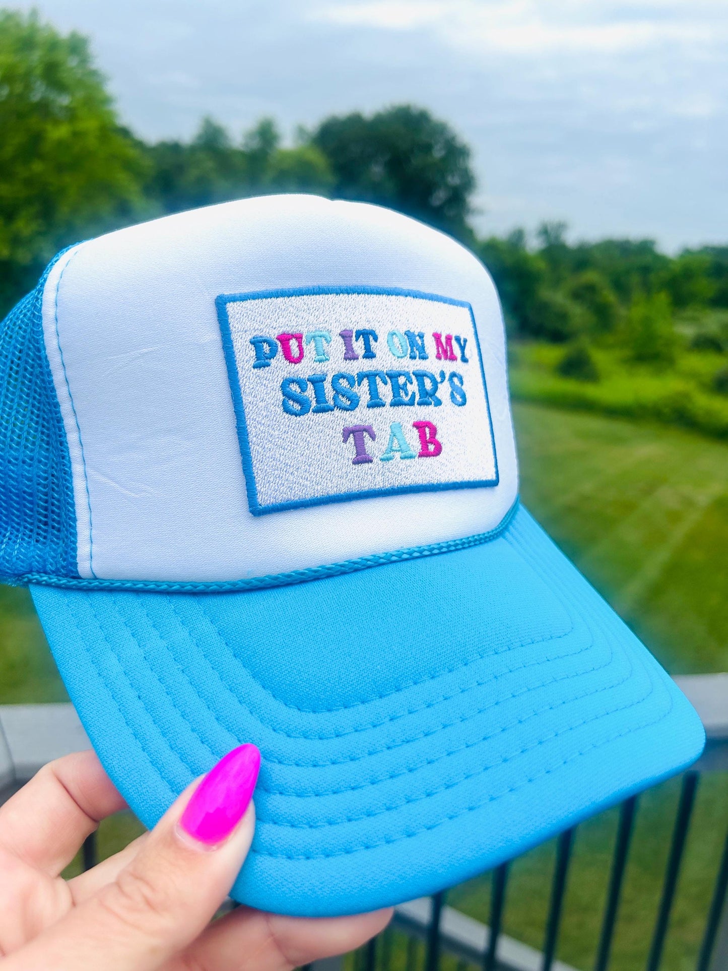 Funny 'Sister's Tab' Iron On Patch: Trucker Hat Decor