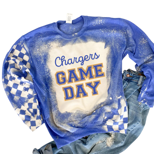 Blue sweatshirt with 'Chargers Game Day' text on a white background