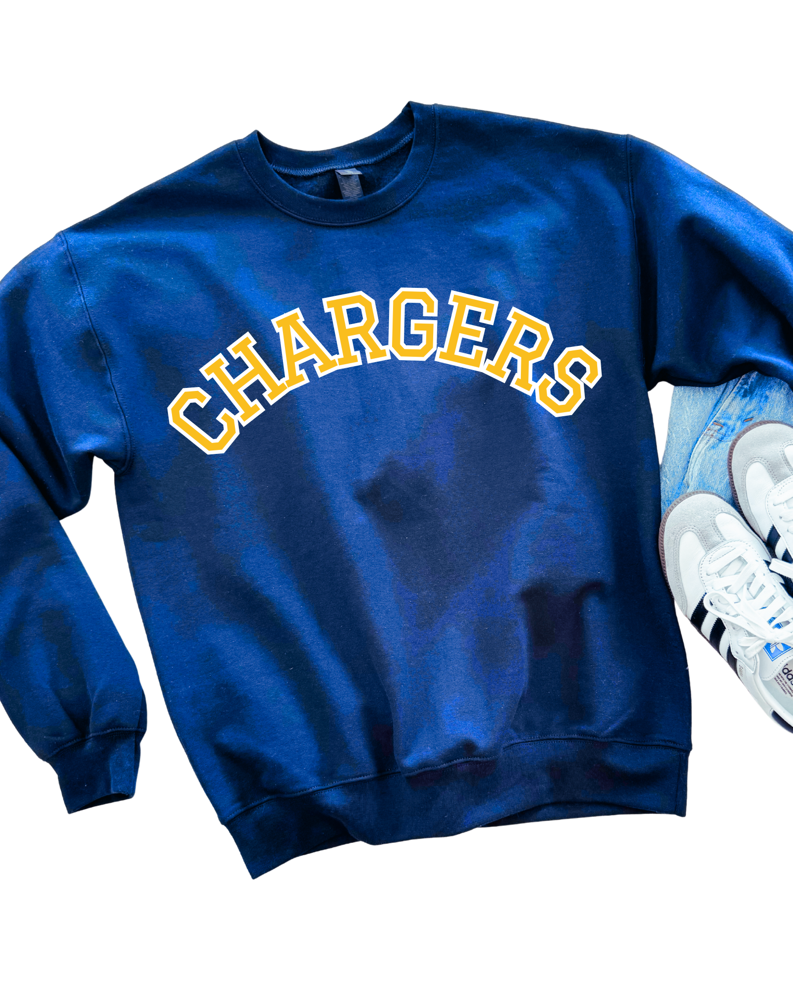 Blue sweatshirt with 'CHARGERS' text and white sneakers on a white background