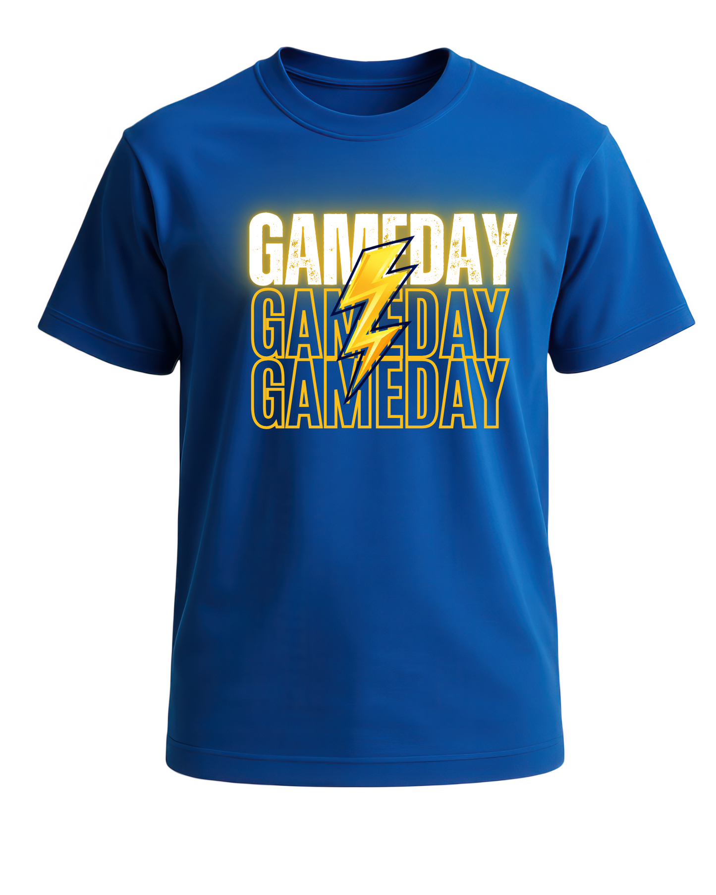 Blue t-shirt with 'GAMEDAY' text and yellow lightning bolt graphic on a white background