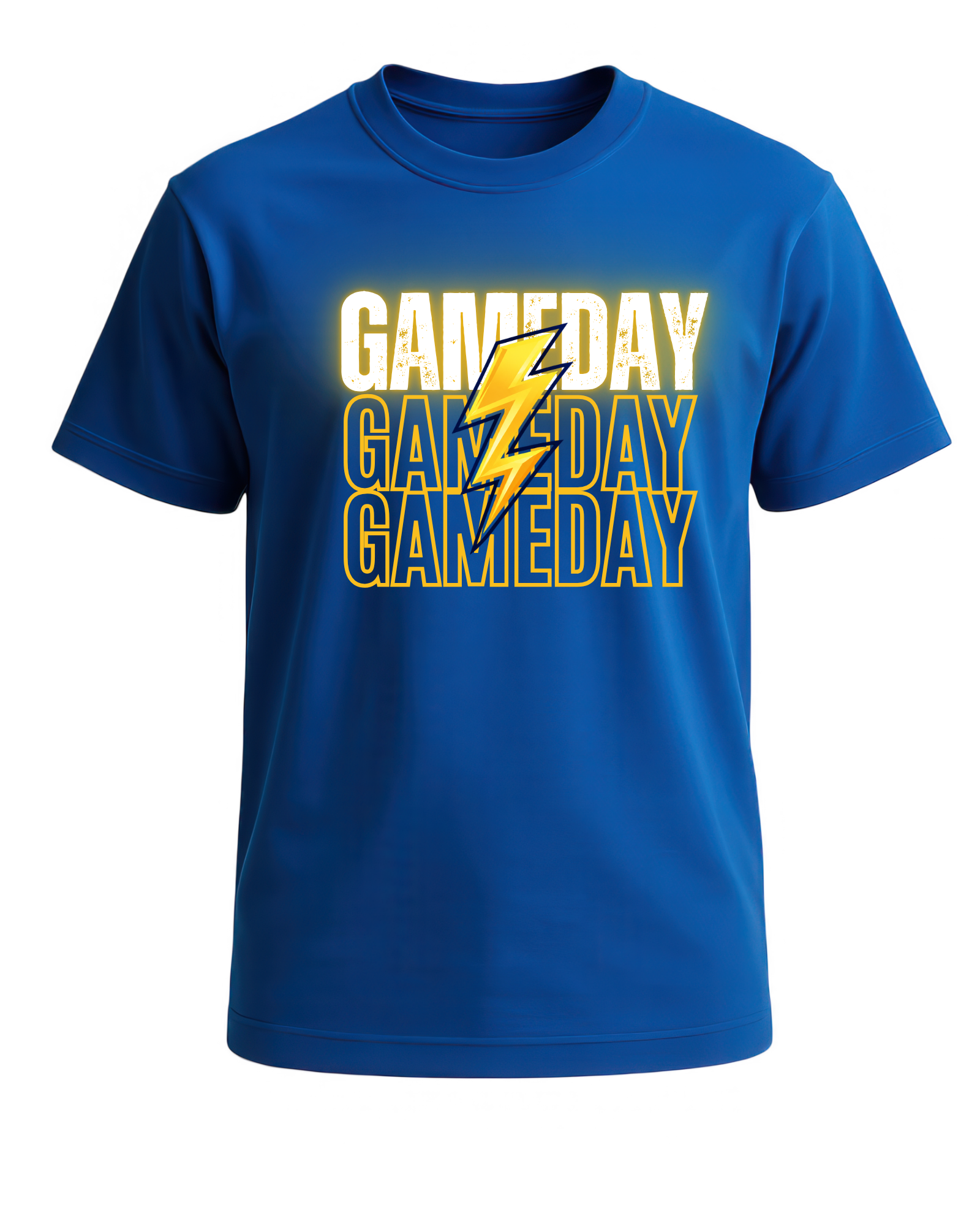 Blue t-shirt with 'GAMEDAY' text and yellow lightning bolt graphic on a white background