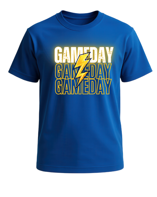 Blue t-shirt with 'GAMEDAY' text and yellow lightning bolt graphic on a white background