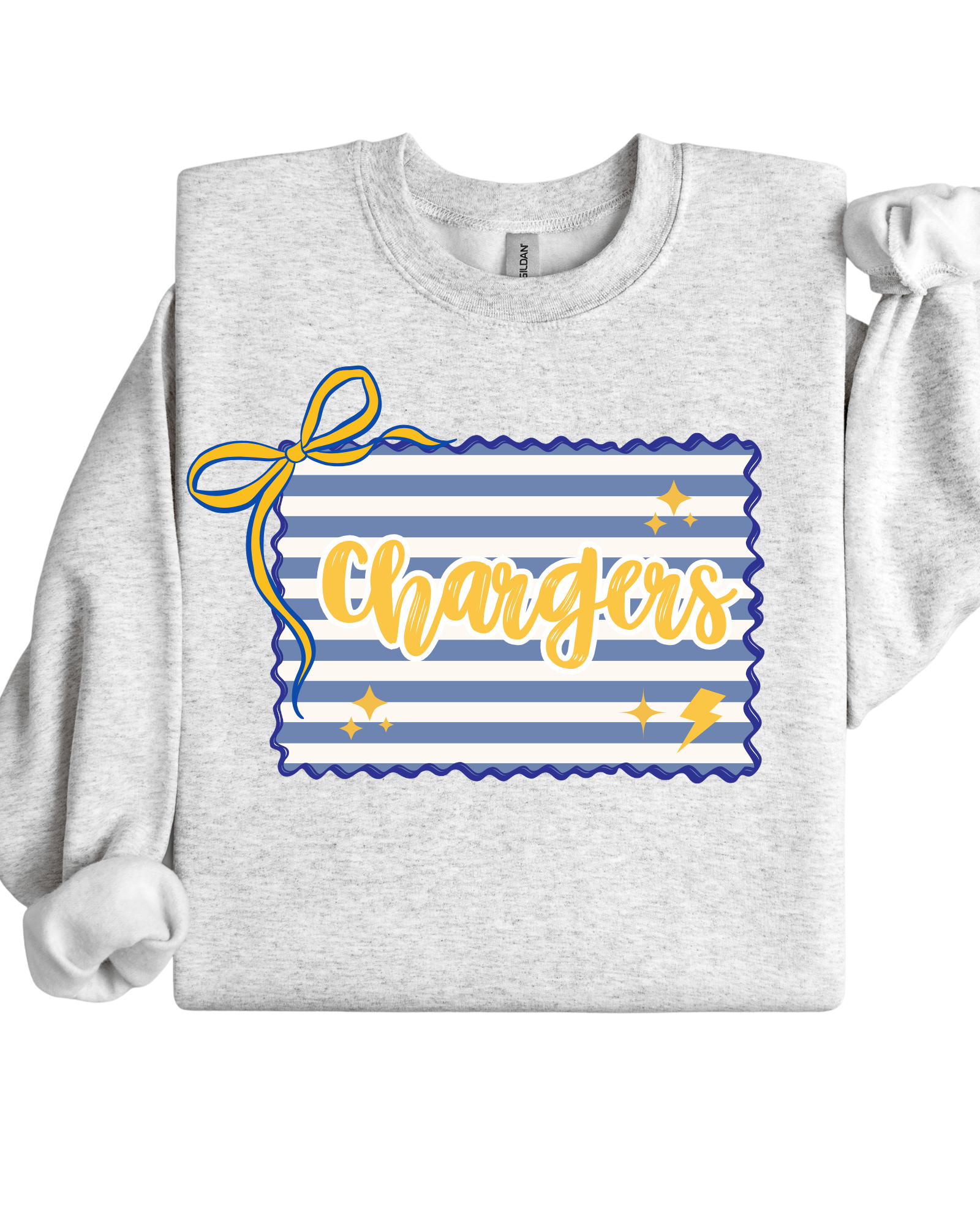 Gray sweatshirt with 'Chargers' design on a white background