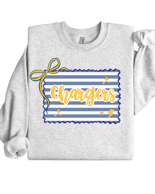 Gray sweatshirt with 'Chargers' design on a white background
