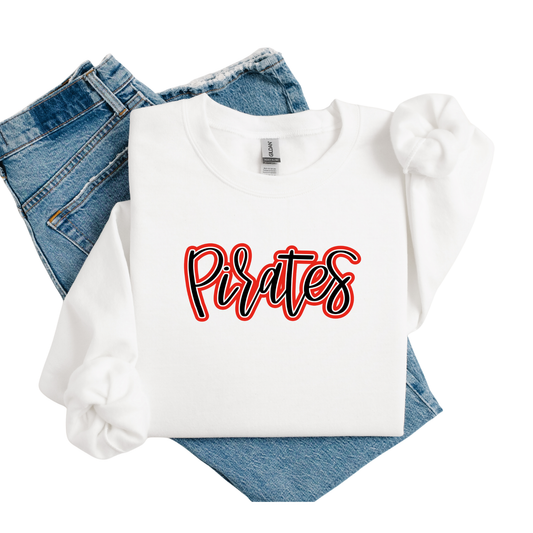 White t-shirt with 'Pirates' text on a white background