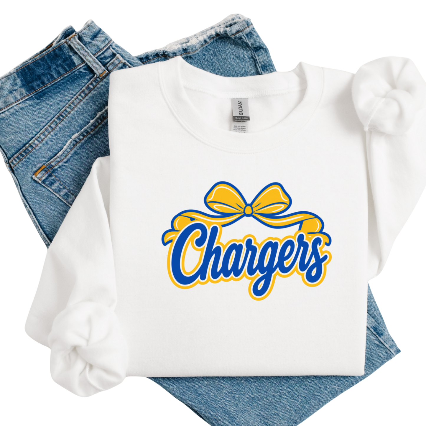 White sweatshirt with 'Chargers' logo on a white background