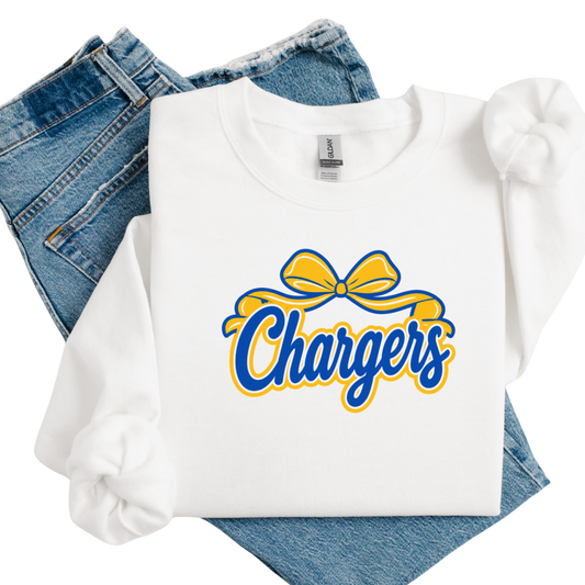 White sweatshirt with 'Chargers' logo on a white background