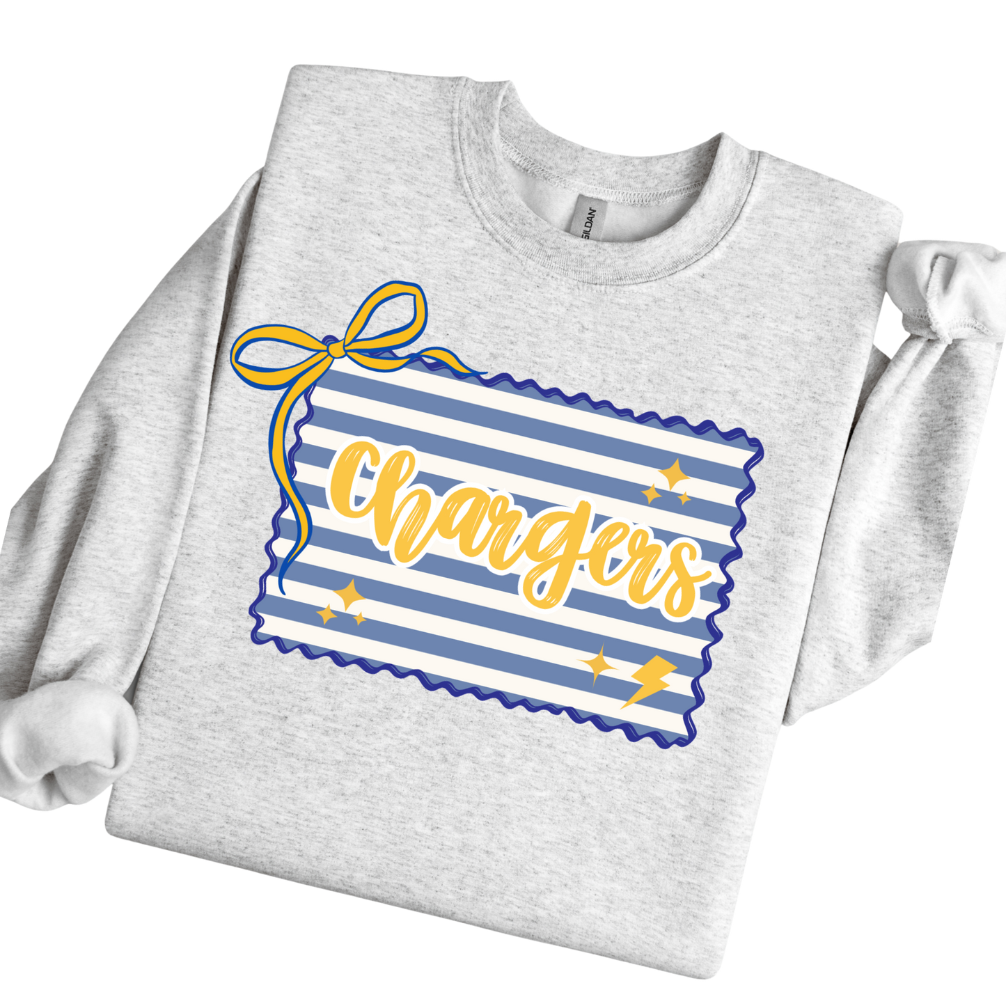 Gray sweatshirt with 'Chargers' design on a white background