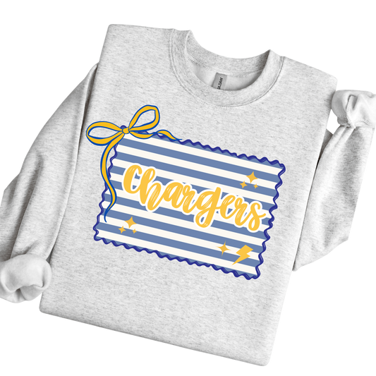 Gray sweatshirt with 'Chargers' design on a white background