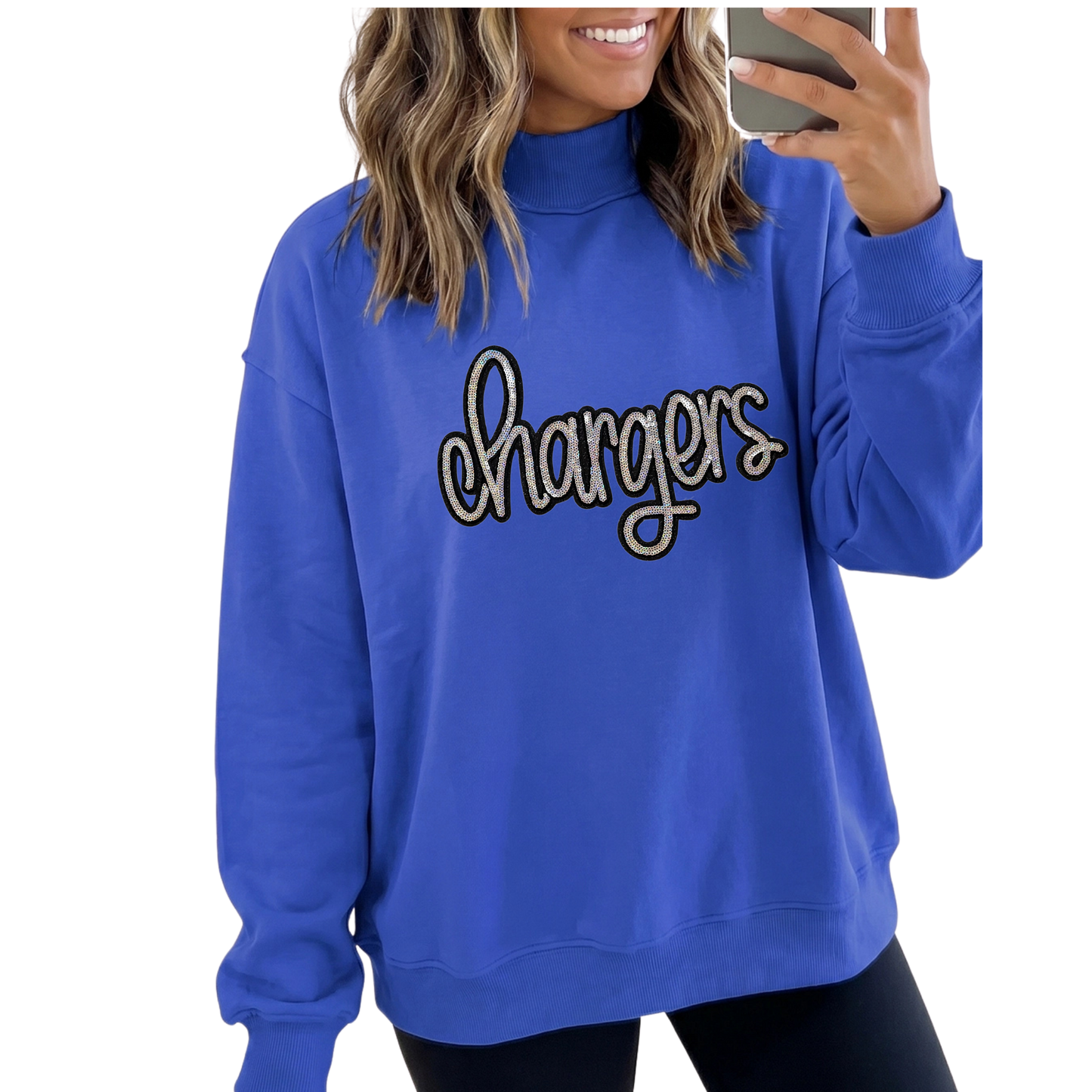 Blue sweatshirt with 'chargers' text worn by a person on a white background