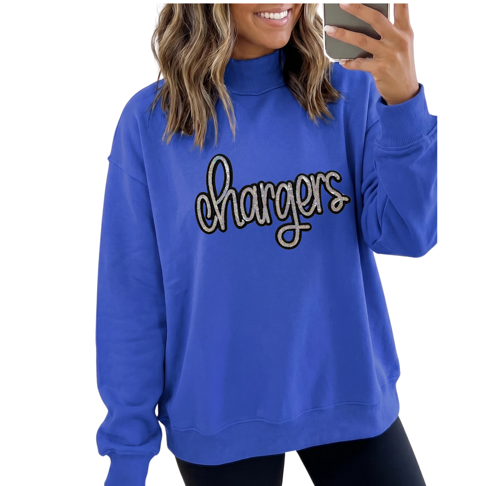 Blue sweatshirt with 'chargers' text worn by a person on a white background