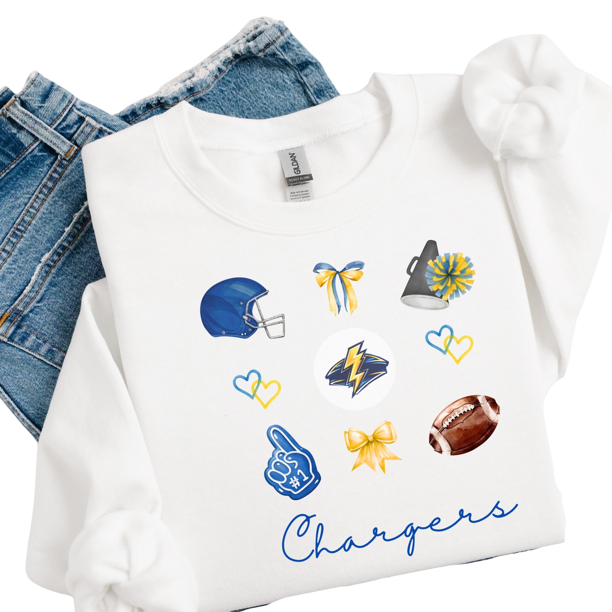 White sweatshirt with sports-themed graphics and 'Chargers' text, paired with blue jeans.