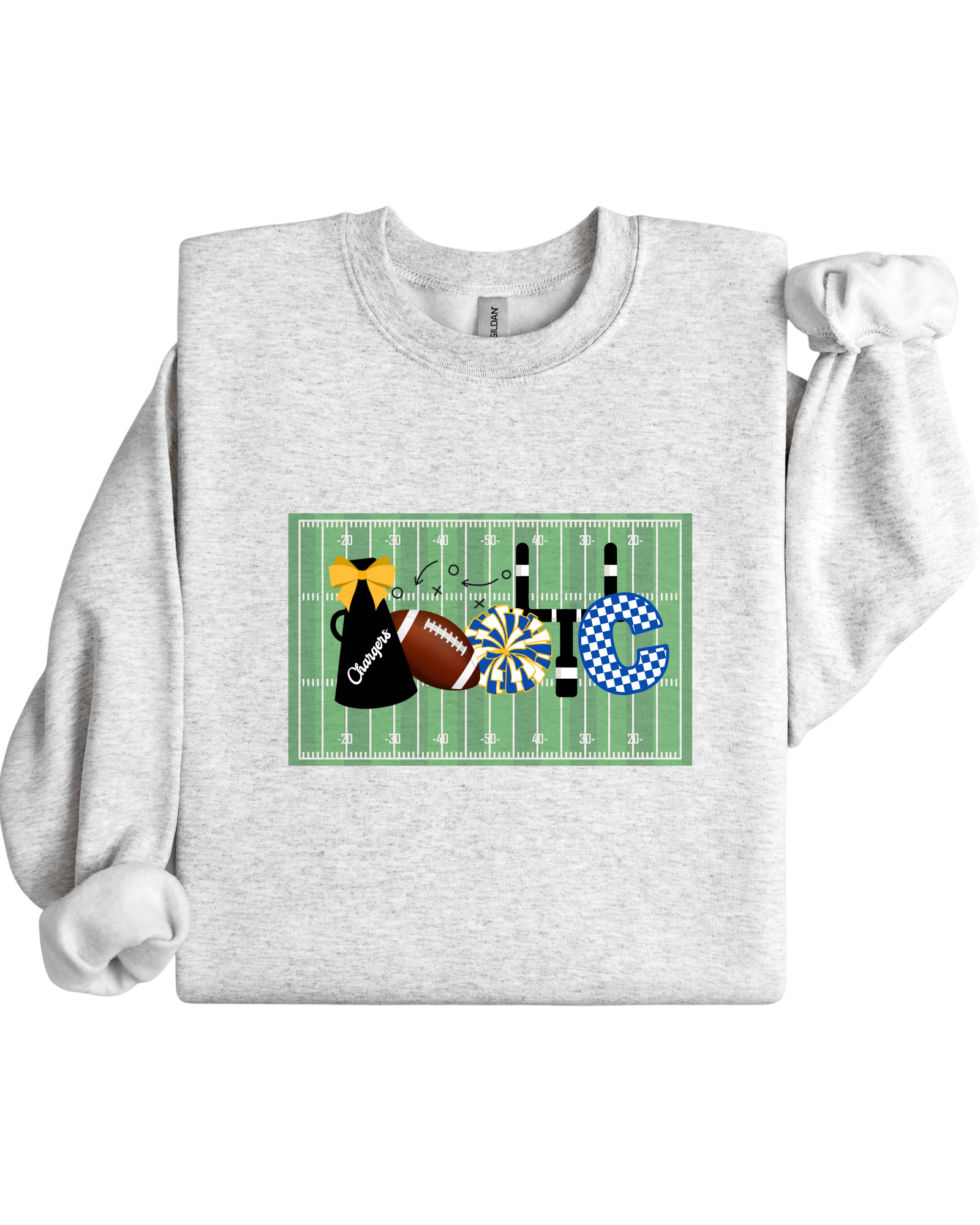 Gray sweatshirt with a colorful design on a white background