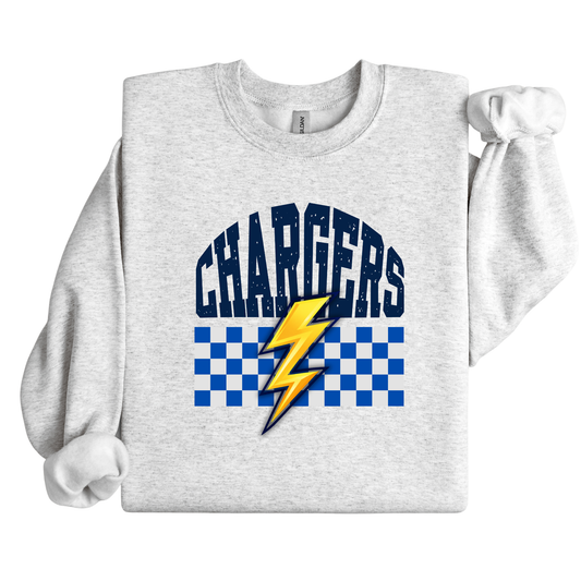 Gray sweatshirt with 'Chargers' text and lightning bolt design on a white background