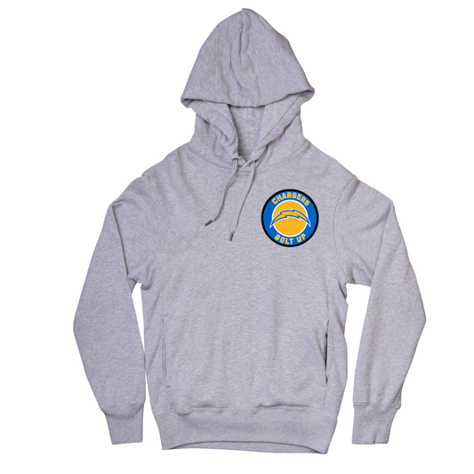 Gray hoodie with a logo on the chest against a white background