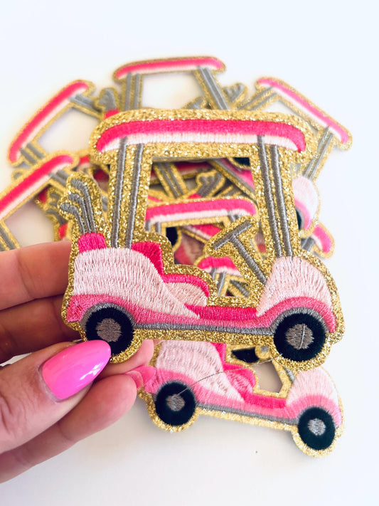 Pink Golf Cart Patch: Embroidered Iron-On Applique