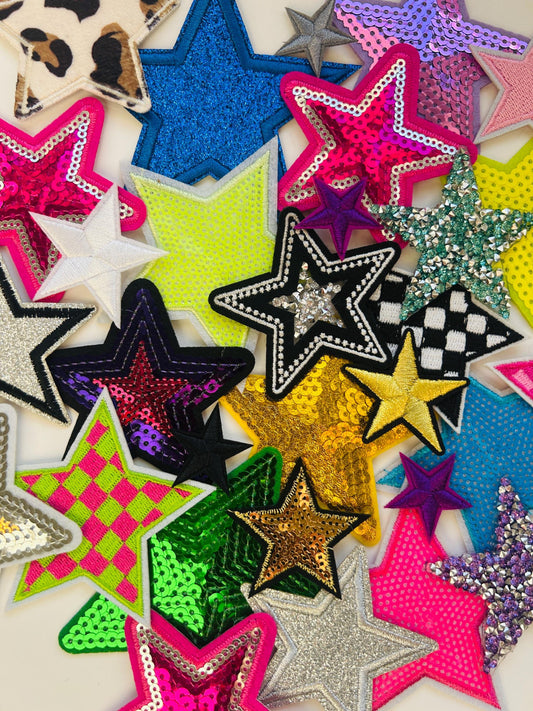 Assorted Star Iron-On Patches: Embroidered, Chenille & Sequin - 1-4"