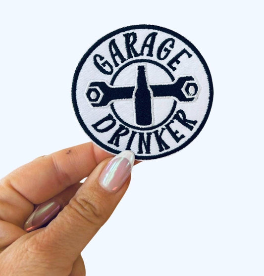Funny Garage Drinker Patch: Iron-On Adult Humor Applique