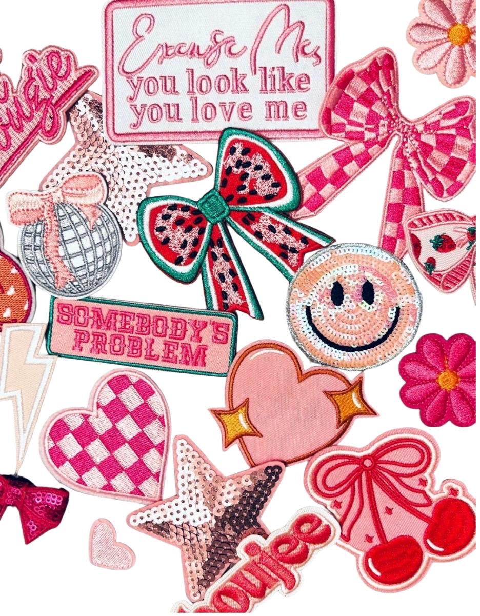 Pink Patches , Pink Iron On Patches, Preppy Patches, Wholesale Pink Patches, Coquette Patch, Girly Iron On Patches, Pink Patch Set