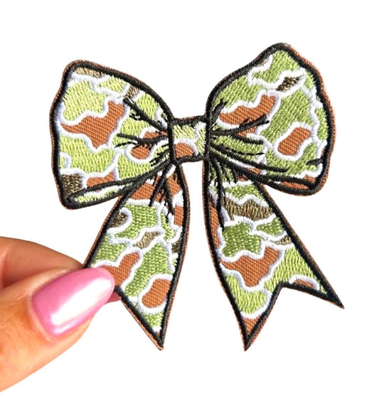 Camo Bow Iron-On Patch: Hunting Apparel Decor