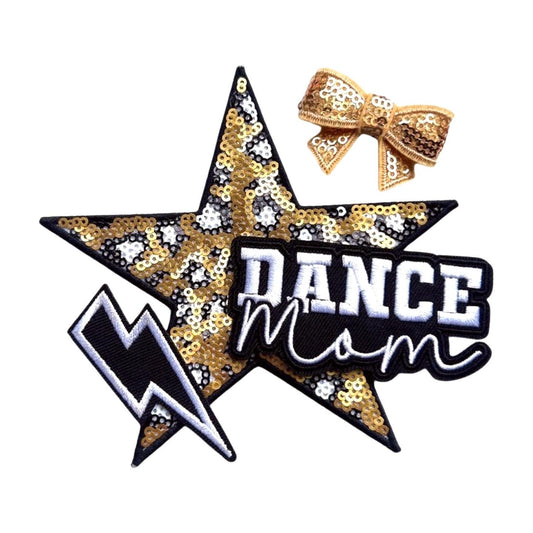 Dance Mom Embroidered Iron-On Patch Bundle: Star, Lightning Bolt, Bow