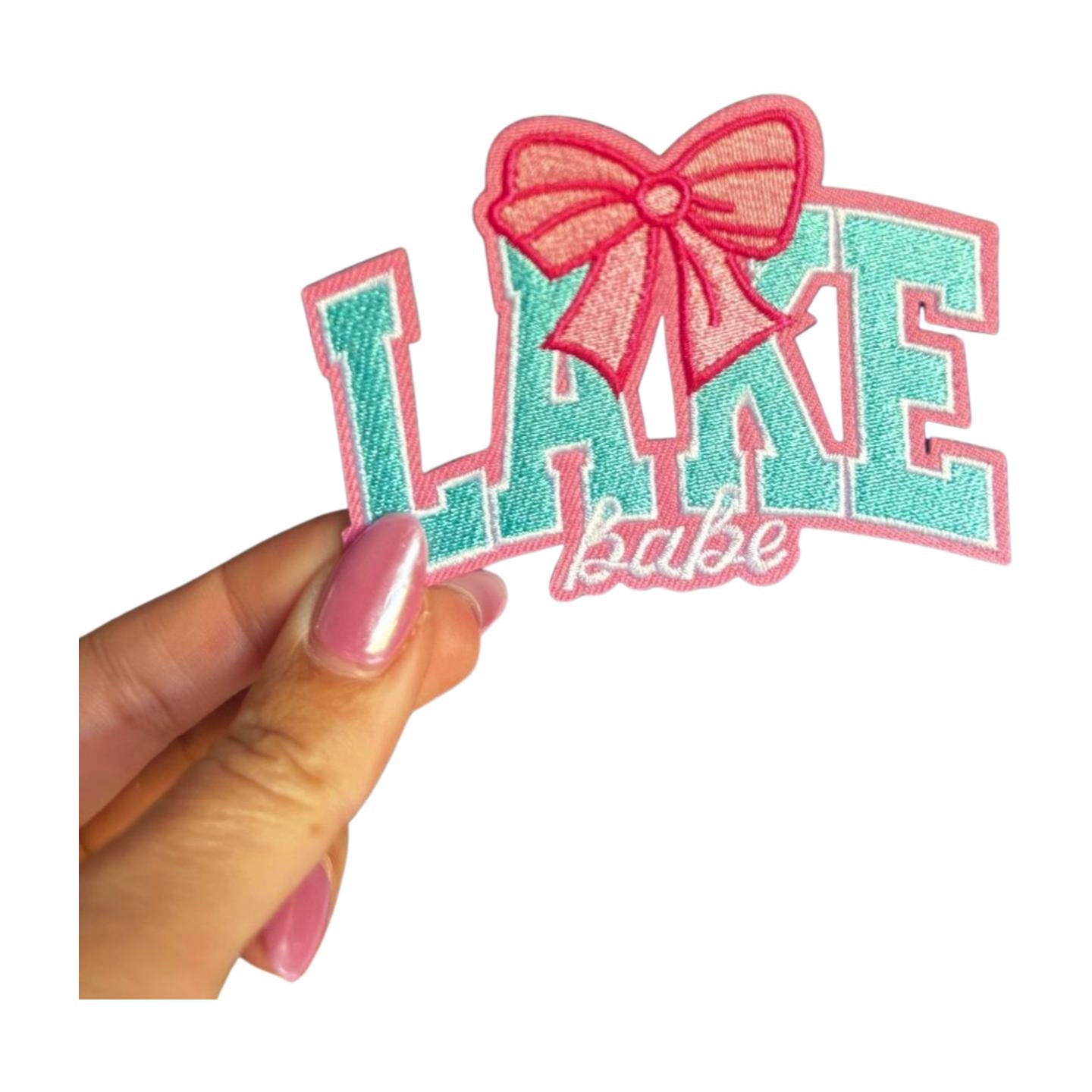 Lake Babe Iron-On Patch: Pink & Aqua Embroidered Applique