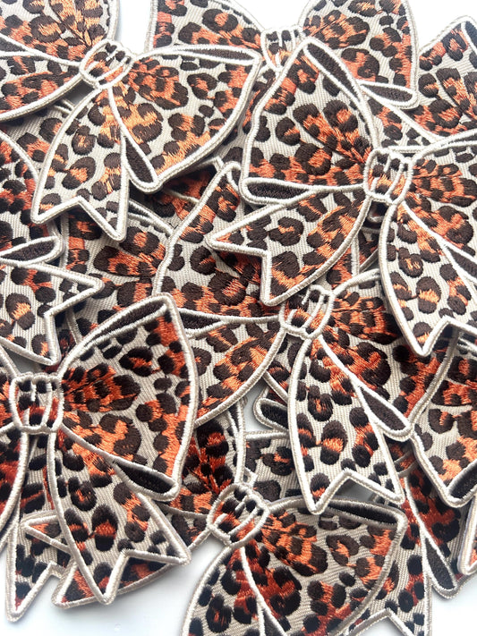 Leopard Print Bow Iron-On Patch: Orange Animal Print, 2 inch