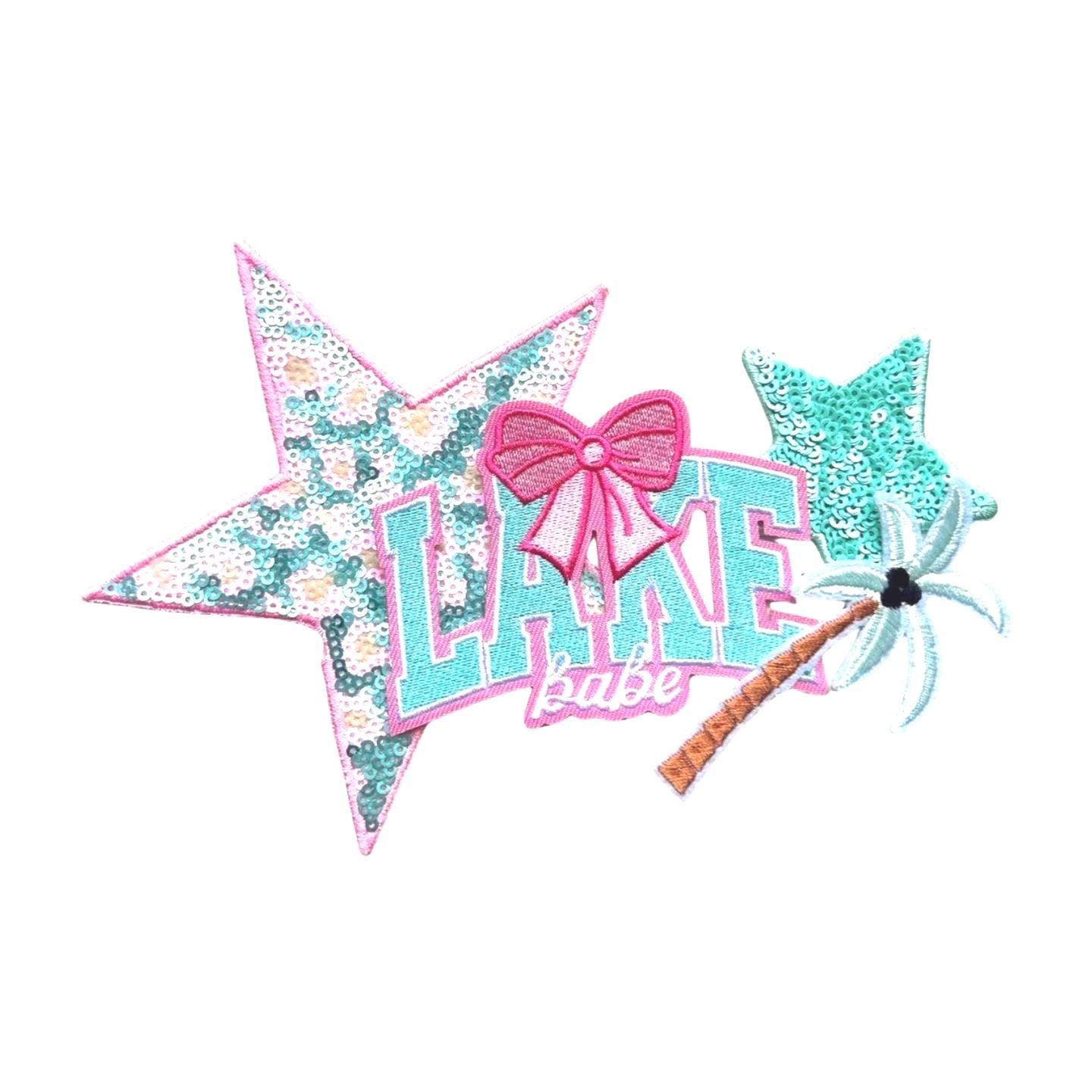 Lake Babe Iron-On Patch: Pink & Aqua Embroidered Applique