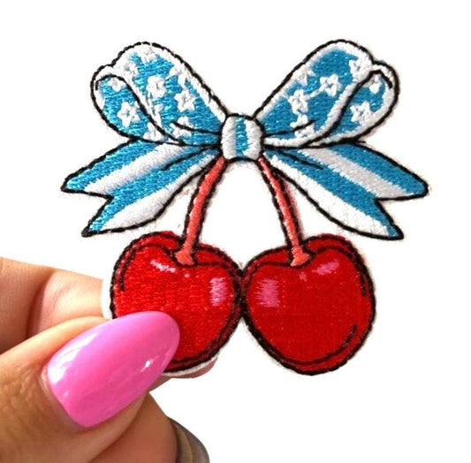 Cherry Iron On Patch, Patriotic Bow, DIY Apparel