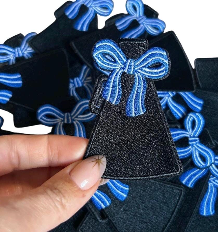 Cheer Megaphone Iron on Patch with white and blue bow