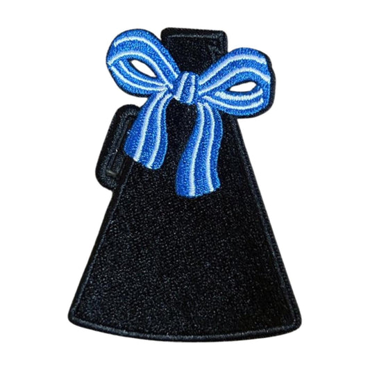 Cheer Megaphone Iron on Patch with white and blue bow