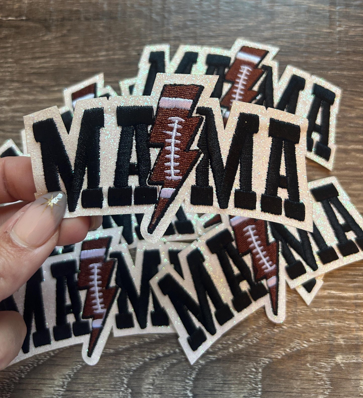 Football Mama Iron On Patch: Embroidered Lightning Bolt Design