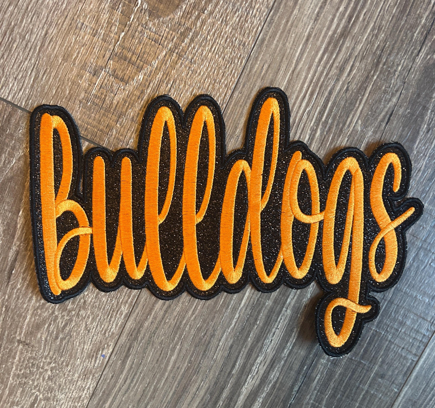 Large Orange Bulldogs Cursive Iron On Patch, Mascot Patches