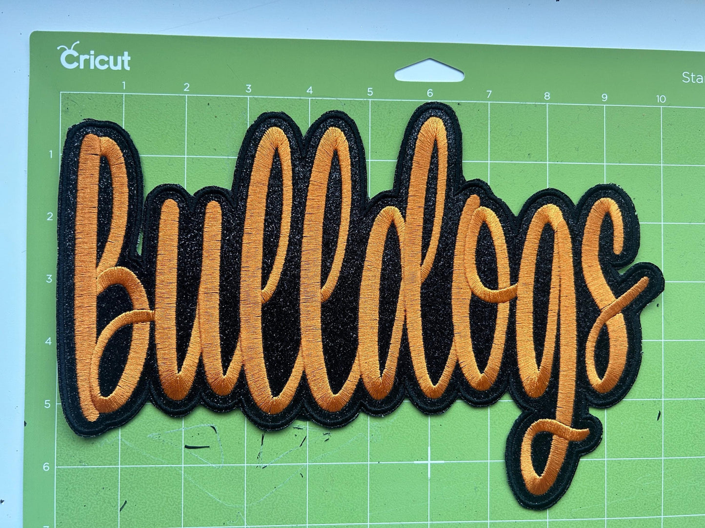 Large Orange Bulldogs Cursive Iron On Patch, Mascot Patches