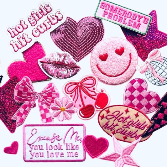 Pink Iron On Patch Set: Embroidered, Chenille & Sequin - 20 Piece Mystery Bag