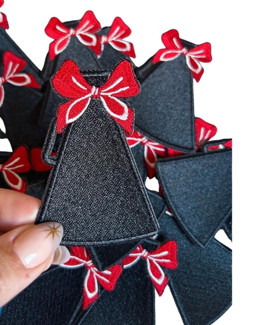 Cheer Megaphone Iron on Patch with red bow