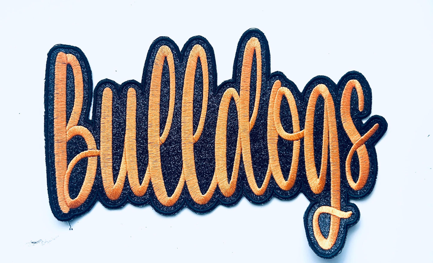 Large Orange Bulldogs Cursive Iron On Patch, Mascot Patches
