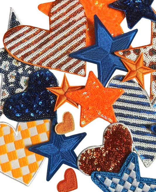 Blue & Orange Iron-On Patches: Embroidered, Chenille, Sequin Styles