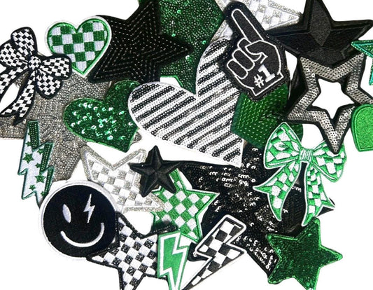 Green and Black Iron-On Patches: Embroidered, Chenille and Sequin Styles