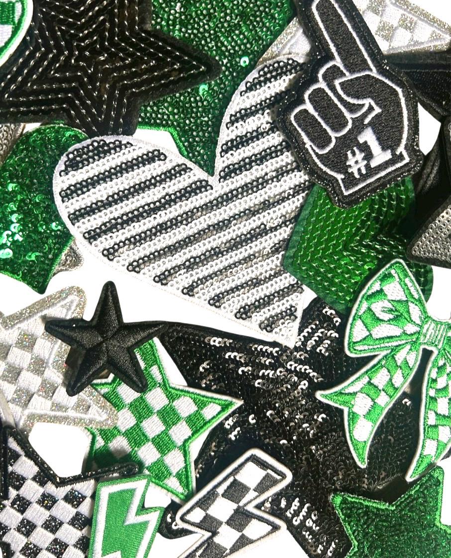 Green and Black Iron-On Patches: Embroidered, Chenille and Sequin Styles