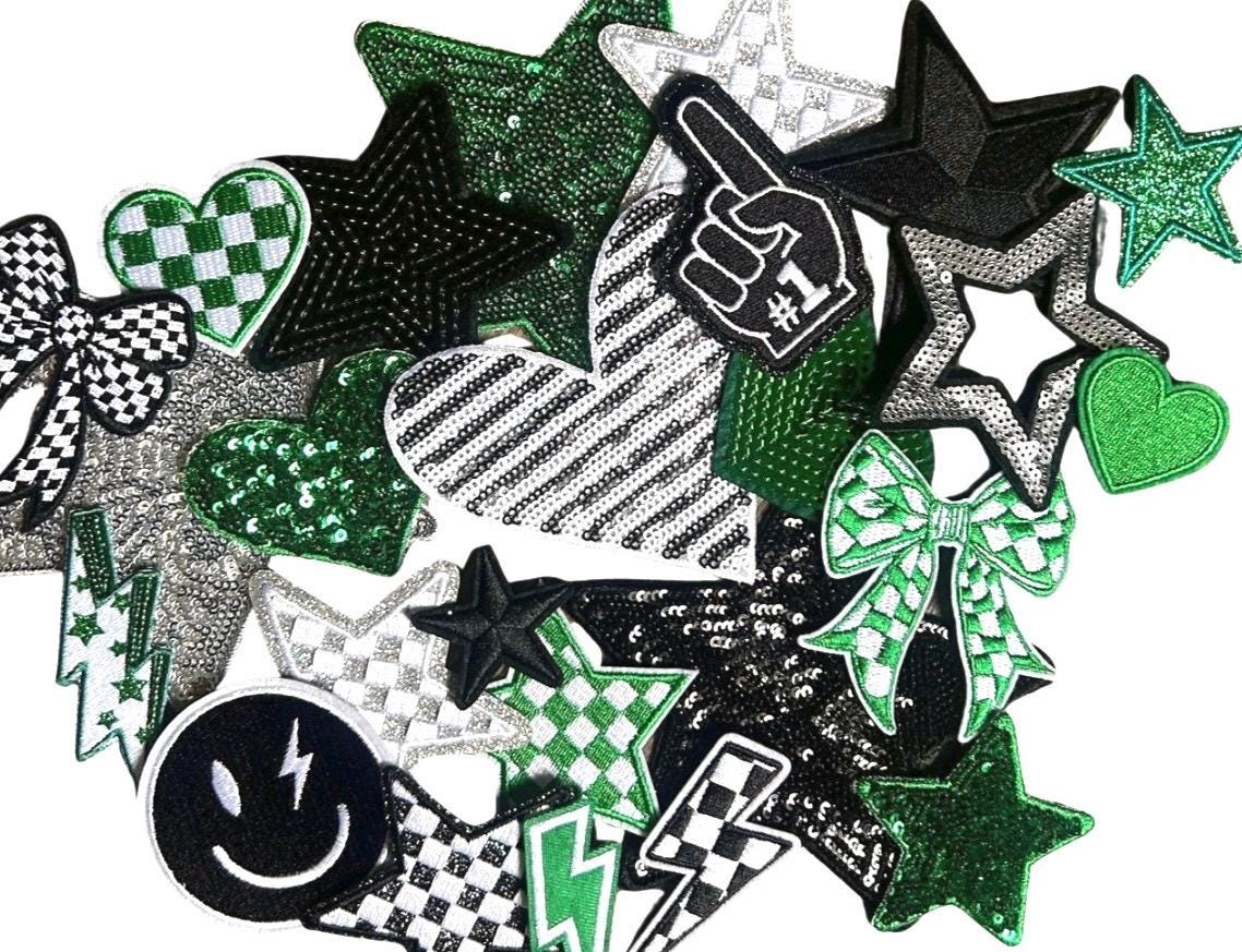 Green and Black Iron-On Patches: Embroidered, Chenille and Sequin Styles