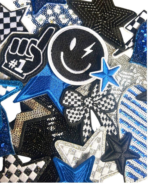 Black and Blue Iron-On Patches: Embroidered, Chenille and Sequin Styles