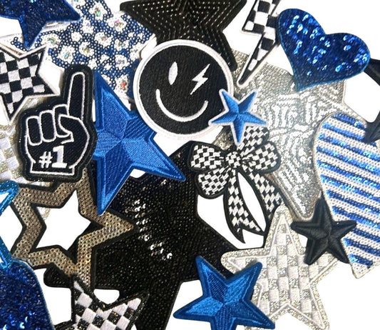 Black and Blue Iron-On Patches: Embroidered, Chenille and Sequin Styles