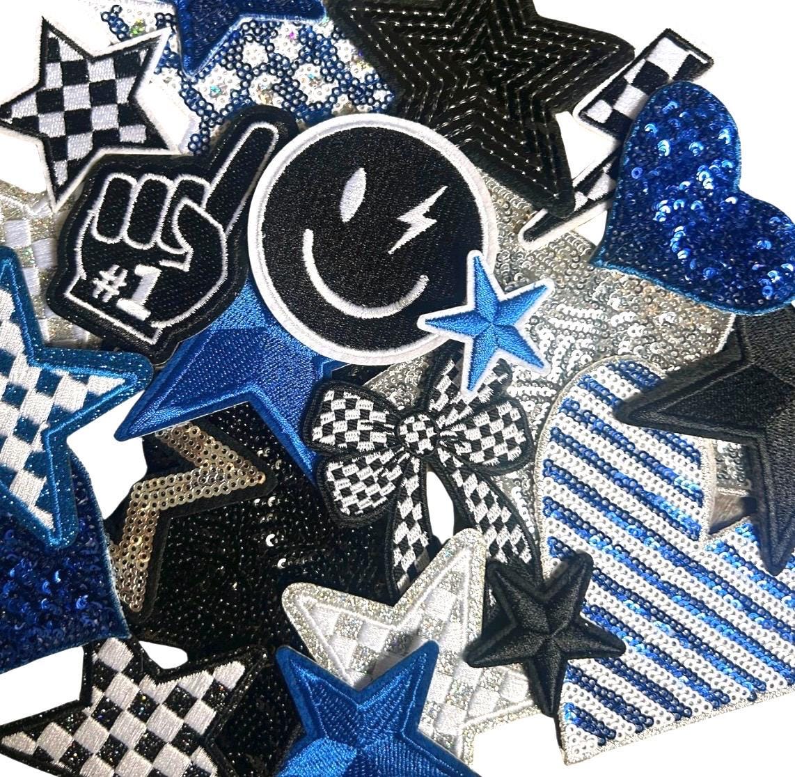 Black and Blue Iron-On Patches: Embroidered, Chenille and Sequin Styles