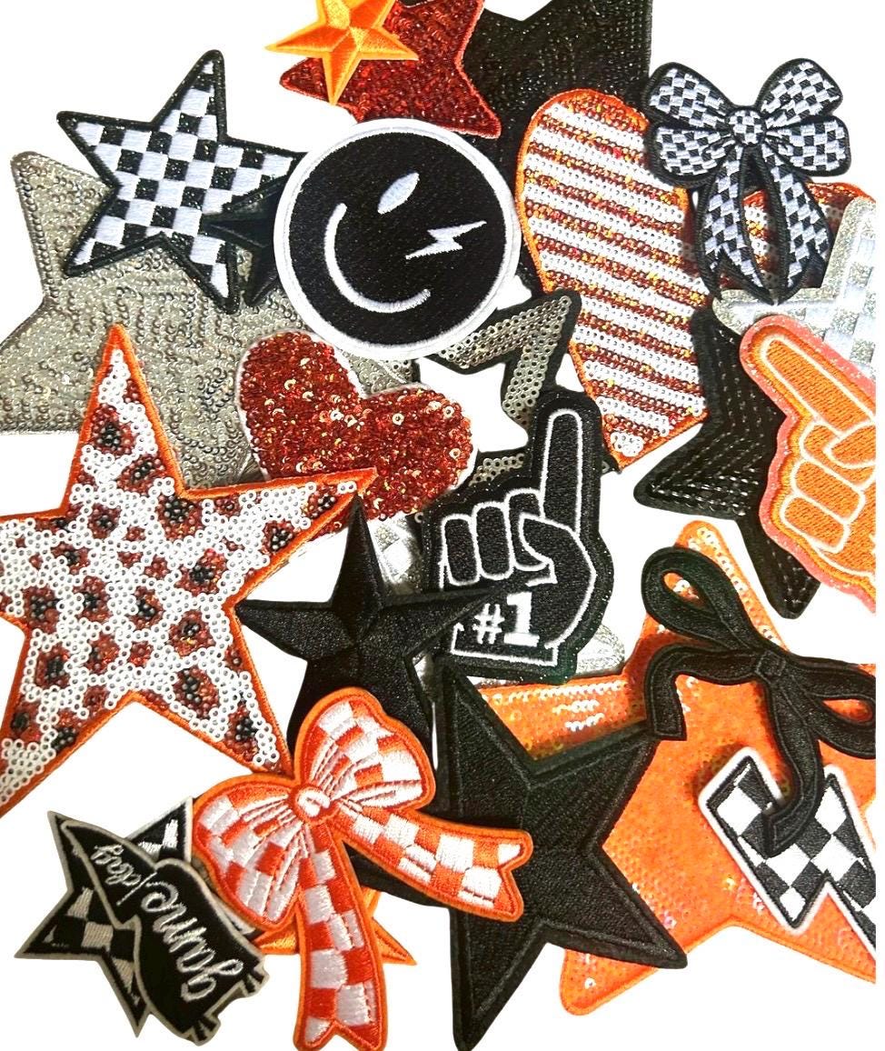 Black and Orange Iron-On Patches: Embroidered and Sequin DIY Embellishments