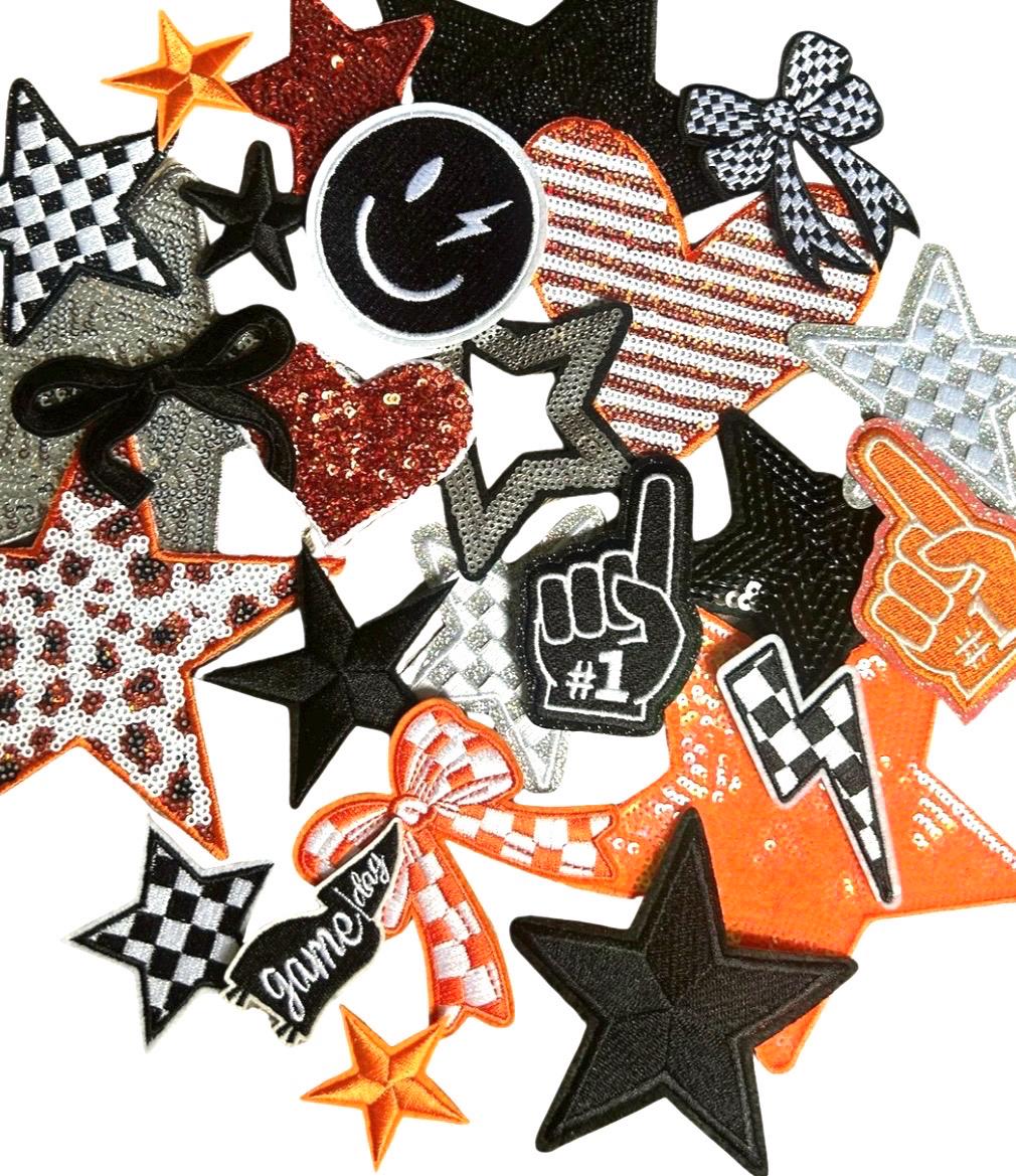 Black and Orange Iron-On Patches: Embroidered and Sequin DIY Embellishments
